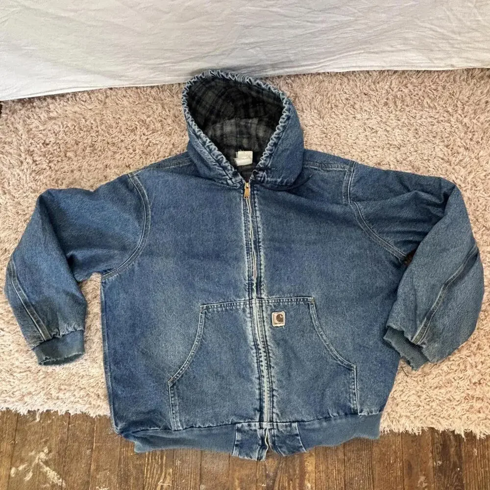 Vtg 2003 Carhartt denim hooded flannel lined jacket - Picture 2 of 12